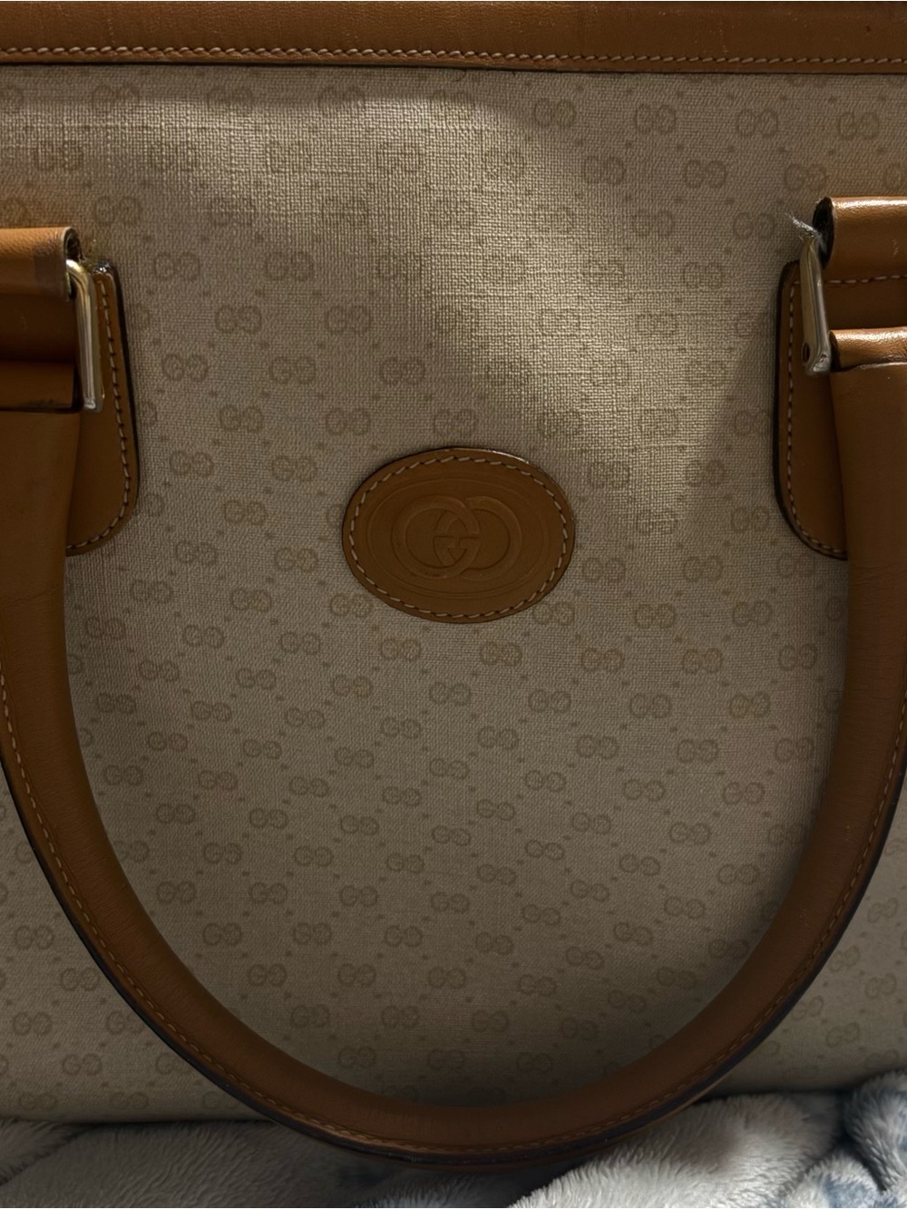 Gucci Beige Monogram Canvas Tote with Tan Leather Trim